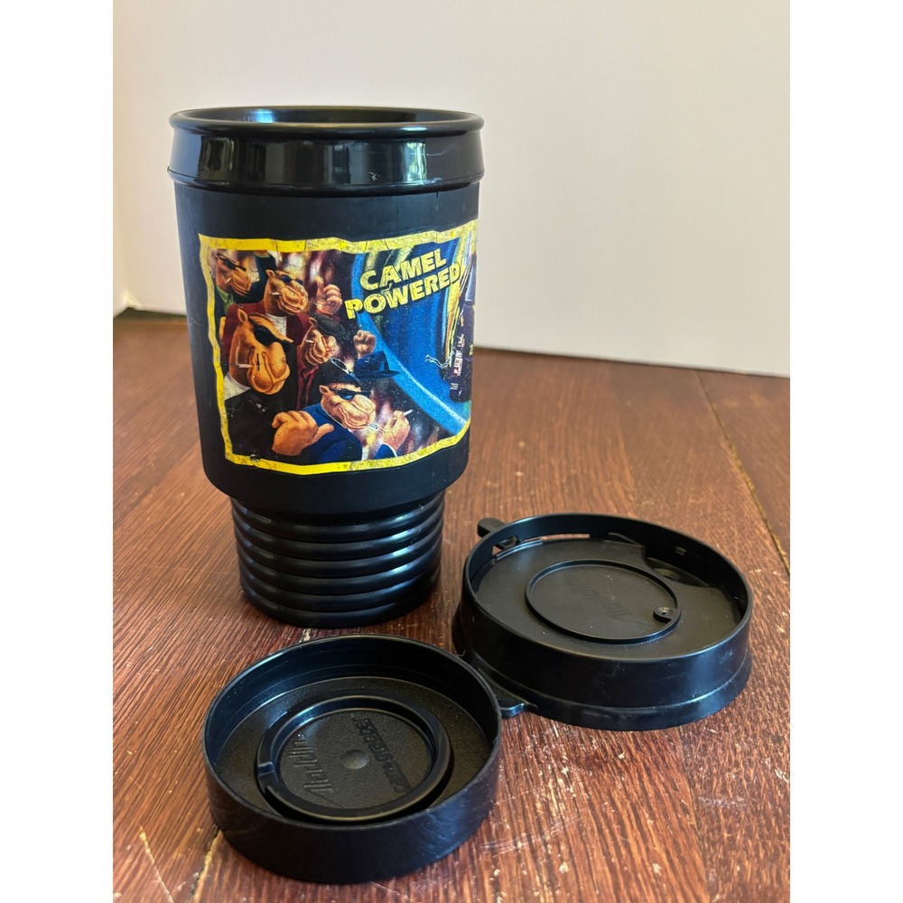 Vintage 1994 Joe Camel Powered Aladdin Travel Mug Cup with Can Grabber Lid Black
